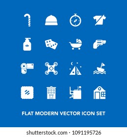 Modern, simple vector icon set on blue background with sail, stamp, real, clean, clothing, liquid, estate, camp, outdoor, soap, house, desk, north, travel, control, fashion, technology, postage icons