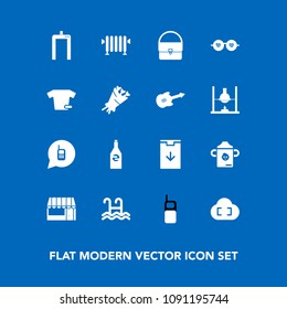 Modern, simple vector icon set on blue background with glasses, heater, liquid, fashion, hippie, plastic, pool, xray, market, hot, clothes, phone, telephone, cloud, machine, home, style, scan icons