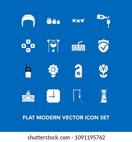 Modern, simple vector icon set on blue background with weight, privacy, flag, medicine, old, house, celebration, worker, phone, spring, light, happy, architecture, red, blossom, equipment, label icons
