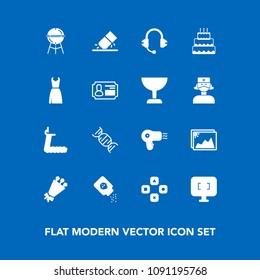 Modern, simple vector icon set on blue background with microphone, monitor, play, technology, dryer, music, image, fun, sound, bouquet, fitness, cake, treadmill, bottle, pie, health, screen, bbq icons