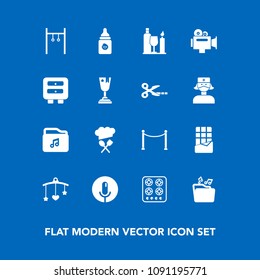 Modern, simple vector icon set on blue background with record, handle, film, alcohol, exercise, plastic, bottle, mobile, kitchen, athlete, file, newborn, baby, milk, drawer, equipment, chocolate icons