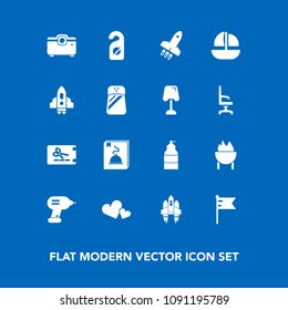 Modern, simple vector icon set on blue background with space, valentine, label, home, vessel, pepper, spice, nation, drill, industry, projector, national, spray, grill, privacy, spaceship, menu icons