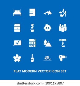 Modern, simple vector icon set on blue background with accounting, brush, high, flower, fashion, hairdryer, nature, female, girl, paper, caravan, travel, journey, finance, mascara, food, page icons