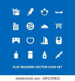 Modern, simple vector icon set on blue background with dinner, festival, baby, boat, restaurant, refrigerator, soap, holiday, kamon, technology, ship, household, gift, firework, japanese, liquid icons