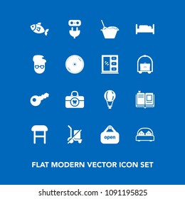 Modern, simple vector icon set on blue background with care, shipping, noodle, bed, brush, sky, extreme, interior, parachuting, clean, bedroom, comfortable, white, armchair, education, send, key icons