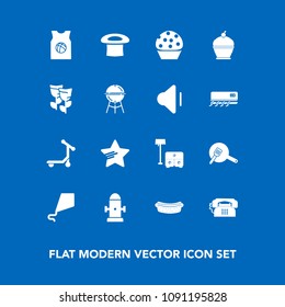 Modern, simple vector icon set on blue background with cooking, fire, sign, nature, cake, transport, dinner, water, floral, team, dessert, bed, sofa, kite, doughnut, hotdog, sport, hydrant, hat icons