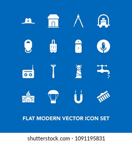 Modern, simple vector icon set on blue background with lighthouse, government, razor, brush, hat, light, magnet, west, water, engineering, equipment, building, beacon, energy, sea, sink, radio icons