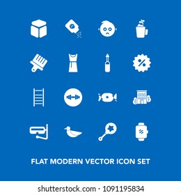 Modern, simple vector icon set on blue background with smart, snorkel, business, mask, watch, lollipop, cube, powder, equipment, gadget, animal, fitness, gym, infant, water, bird, square, hot icons