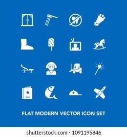 Modern, simple vector icon set on blue background with cap, fish, clothing, space, dental, dentist, water, transport, truck, food, favour, hygiene, japan, kimono, bathroom, modern, sea, car, hat icons