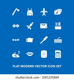 Modern, simple vector icon set on blue background with play, flag, pinafore, cook, caffeine, beauty, stationery, celebration, computer, lips, bike, tool, poker, data, female, teeth, screwdriver icons