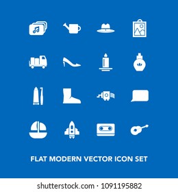 Modern, simple vector icon set on blue background with cassette, toothpaste, musical, technology, cowboy, music, equipment, cooking, plant, can, file, speech, spaceship, boot, guitar, craft, sea icons