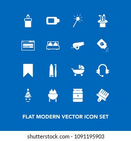 Modern, simple vector icon set on blue background with battery, bedroom, microphone, magic, drawing, sport, dental, stroller, brush, bodybuilding, nutrition, fun, white, birthday, business, food icons