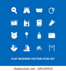 Modern, simple vector icon set on blue background with sweet, pie, wear, file, baggage, alarm, hour, template, exercise, bag, web, map, vacation, watch, pin, clock, meal, travel, luggage, noodle icons