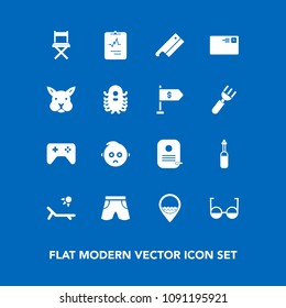 Modern, simple vector icon set on blue background with play, technology, vacation, axe, sad, animal, joystick, baby, game, wear, communication, white, mail, template, tool, cute, letter, bunny icons