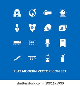 Modern, simple vector icon set on blue background with photography, armchair, phone, vintage, plane, camera, drink, sign, furniture, air, technology, telephone, airplane, chair, travel, photo icons
