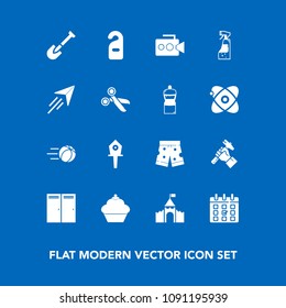 Modern, simple vector icon set on blue background with food, construction, cake, bird, builder, privacy, game, spray, white, motel, house, calendar, label, wear, sport, tool, building, shorts icons