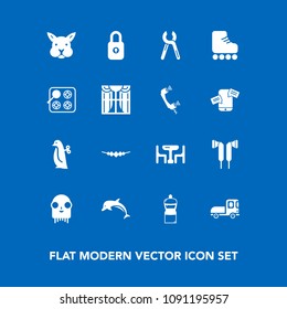 Modern, simple vector icon set on blue background with reparation, accessory, penguin, sport, sign, audio, dolphin, nature, cleaner, broom, space, skate, repair, table, ocean, food, ufo, jewelry icons