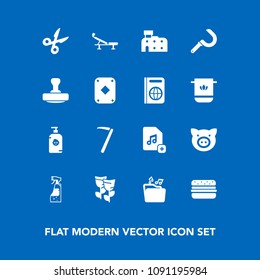 Modern, simple vector icon set on blue background with stamp, play, city, architecture, nature, soap, wrench, hammer, pig, happy, mark, fitness, passport, flower, housework, blossom, agriculture icons