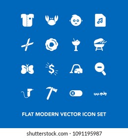Modern, simple vector icon set on blue background with web, truck, seafood, spanner, crab, housework, child, turn, butterfly, usd, delivery, switch, domestic, home, medical, equipment, wrench icons