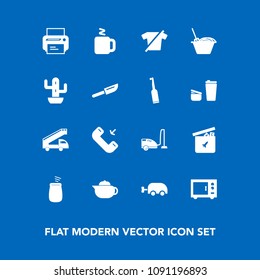 Modern, simple vector icon set on blue background with transportation, desert, ball, housework, printer, kitchen, hot, percussion, vacuum, oven, plant, microwave, food, chinese, sign, nature icons