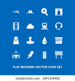Modern, simple vector icon set on blue background with water, curtain, video, road, departure, holiday, hat, time, family, texas, plane, celebration, background, calendar, drink, sign, day, home icons
