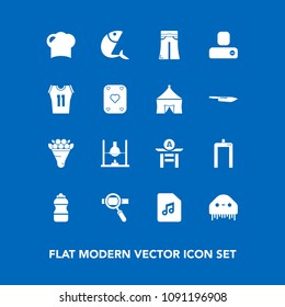 Modern, simple vector icon set on blue background with sea, person, floral, pants, science, space, machine, fashion, sound, laptop, research, fish, decoration, elegant, bottle, hat, fiction, ufo icons