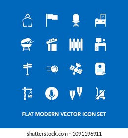 Modern, simple vector icon set on blue background with identity, interior, summer, furniture, game, sport, armchair, road, bbq, voice, football, construction, grill, scale, sea, home, chair, bag icons