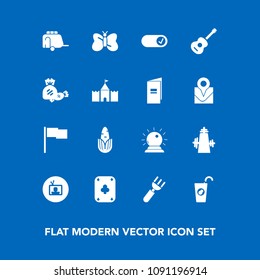 Modern, simple vector icon set on blue background with beauty, insect, lollipop, fork, sign, guitar, vegetable, restaurant, fresh, white, fruit, flag, dinner, sorcery, drink, television, sweet,  icons
