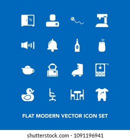 Modern, simple vector icon set on blue background with machine, chair, roller, breakfast, old, astronaut, sewing, science, sky, bucket, joy, toy, skating, cosmonaut, contact, kite, cosmos, play icons