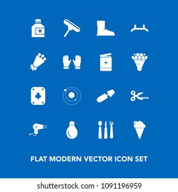 Modern, simple vector icon set on blue background with system, hygiene, play, mouthwash, roller, boot, idea, black, knife, energy, hairdryer, kitchen, ice, power, bouquet, food, dessert, dental icons