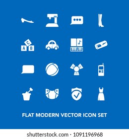Modern, simple vector icon set on blue background with diaper, music, musical, mobile, care, abc, child, sound, dress, bubble, sand, telephone, talk, sew, newborn, message, footwear, sandbox icons