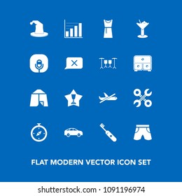 Modern, simple vector icon set on blue background with outdoor, left, reparation, repair, move, female, plane, glass, shorts, north, health, diagram, clean, data, dress, award, industrial, wear icons