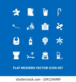 Modern, simple vector icon set on blue background with document, child, phone, paint, drink, shower, spray, telephone, rattle, bathroom, musical, flower, star, kite, backpack, baby, sky, infant icons