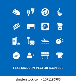 Modern, simple vector icon set on blue background with bed, price, brochure, sale, airport, clothes, pin, japanese, sofa, flipper, account, discount, north, soup, sign, book, add, ball, kamon icons