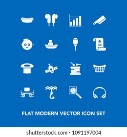 Modern, simple vector icon set on blue background with kid, dinner, table, find, knife, fork, cute, white, instrument, audio, planet, diagram, desk, search, drum, cutlery, sausage, magnifier icons