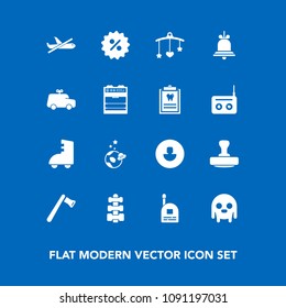 Modern, simple vector icon set on blue background with bed, boy, equipment, fitness, airplane, monster, sport, plane, fun, stamp, space, tool, toy, price, bell, communication, skating, alarm icons