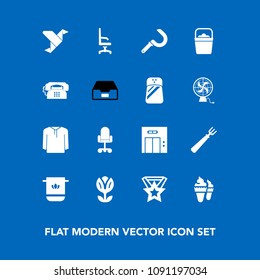 Modern, simple vector icon set on blue background with spoon, towel, handle, armchair, origami, entrance, paper, dinner, interior, bucket, art, floral, flower, sweet, creative, medal, office icons
