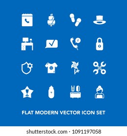 Modern, simple vector icon set on blue background with office, service, award, couple, clothing, winner, repair, reparation, spoon, hat, phone, book, place, bride, footwear, work, lifestyle, kid icons