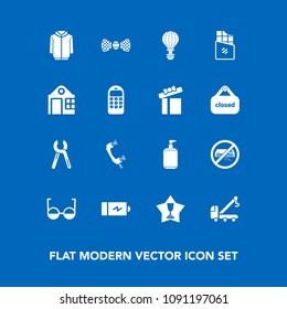 Modern, simple vector icon set on blue background with jump, fashion, power, winner, bar, bow, dessert, battery, achievement, vehicle, eye, telephone, jacket, electricity, elegance, conditioner icons