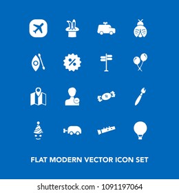 Modern, simple vector icon set on blue background with account, profile, baby, kayak, sky, extreme, road, user, toy, travel, sweet, parachuting, food, party, carriage, car, airplane, brush, bug icons