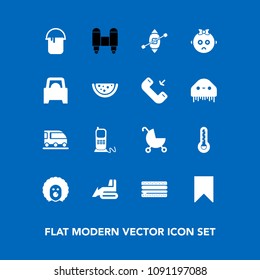 Modern, simple vector icon set on blue background with technology, ship, transportation, bookmark, craft, business, temperature, child,snack, food, pram, travel, train, boat, van icons