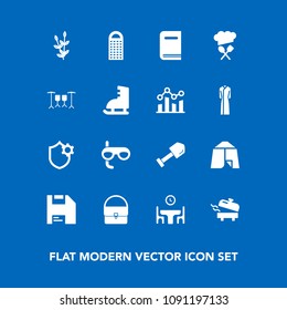 Modern, simple vector icon set on blue background with finance, boiler, agriculture, chief, heater, bag, graph, sign, education, tool, plant, scuba, security, wheat, winter, diskette, kitchen icons