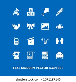 Modern, simple vector icon set on blue background with helmet, ball, bucket, call, fun, water, sky, telephone, kitchen, toy, phone, space, food, mobile, finance, stone, mixer, foreman, joy icons