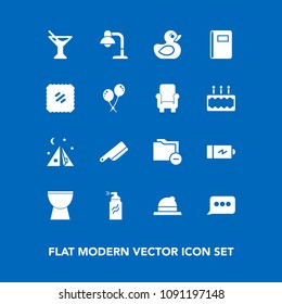 Modern, simple vector icon set on blue background with document, percussion, data, knife, glass, file, music, graffiti, clothing, cocktail, message, travel, style, musical, fork, chat, battery icons