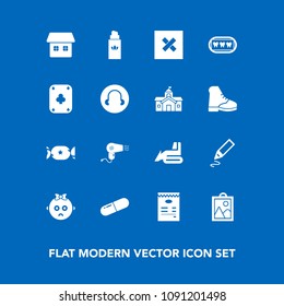 Modern, simple vector icon set on blue background with cute, hairdryer, lollipop, closed, sad, industry, pill, sign, building, house, child, government, construction, sweet, perfume, home, menu icons