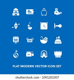 Modern, simple vector icon set on blue background with nature, television, template, video, service, camera, space, sweet, crown, earth, luggage, notification, discount, culture, glass, document icons