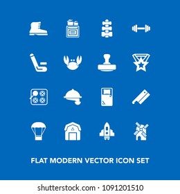 Modern, simple vector icon set on blue background with space, equipment, electricity, modern, rocket, technology, footwear, air, championship, hot, stove, balloon, energy, power, competition icons