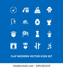 Modern, simple vector icon set on blue background with curtain, ufo, asian, office, cake, restaurant, food, chinese, home, candy, note, clothing, folder, nature, musical, doughnut, space, bamboo icons