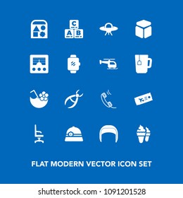 Modern, simple vector icon set on blue background with interior, cream, juice, play, dentist, drink, hat, worker, clinic, drill, phone, medical, space, chair, kid, helmet, cube, sweet, flight icons
