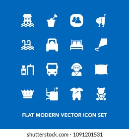 Modern, simple vector icon set on blue background with play, business, transportation, luxury, child, asian, toy, cute, office, transport, queen, fluffy, teddy, king, baby, table, group, crown icons